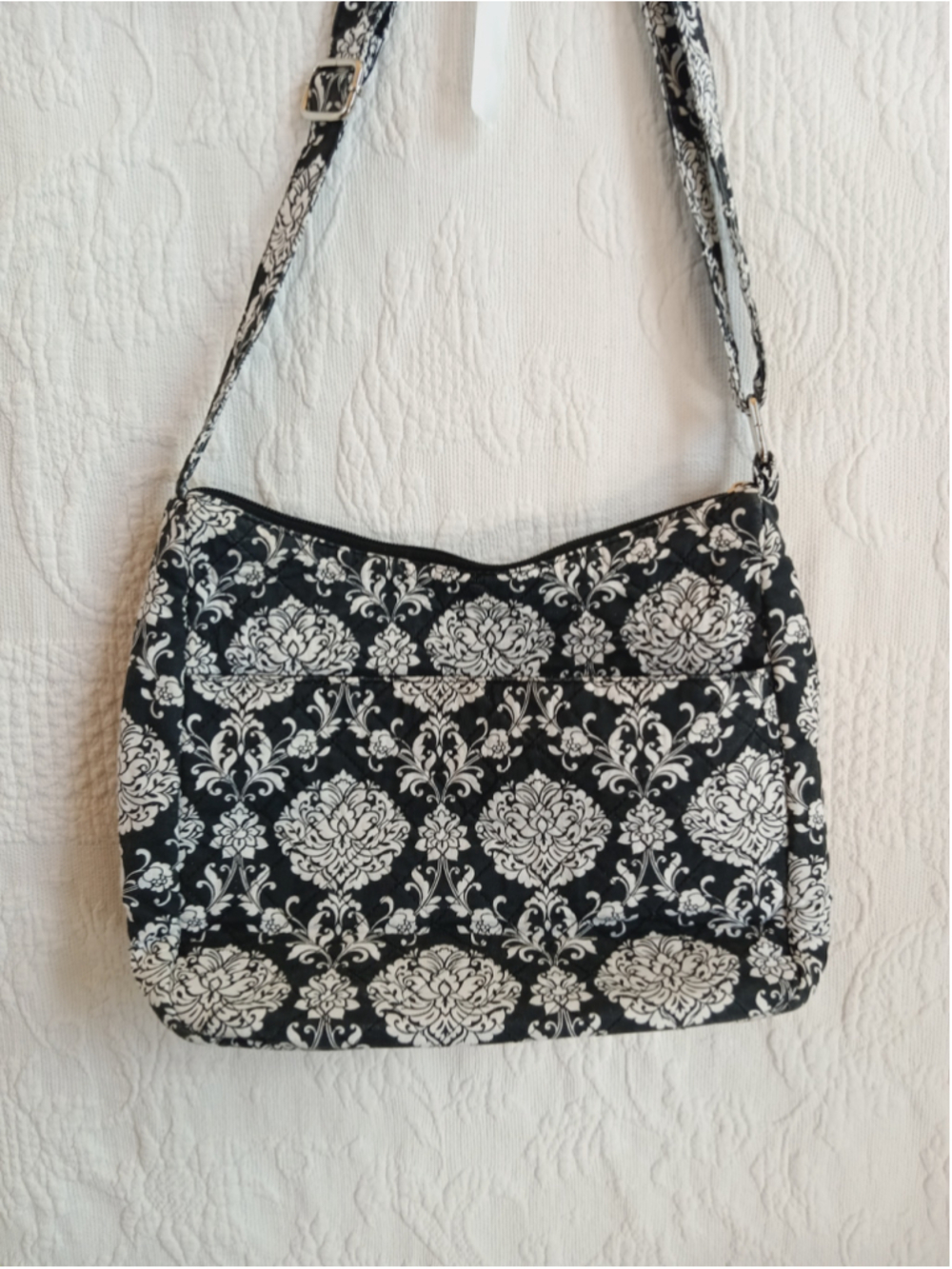 Waverly black white damask quilted crossbody bag cute soft travel purse floral - Picture 7 of 9
